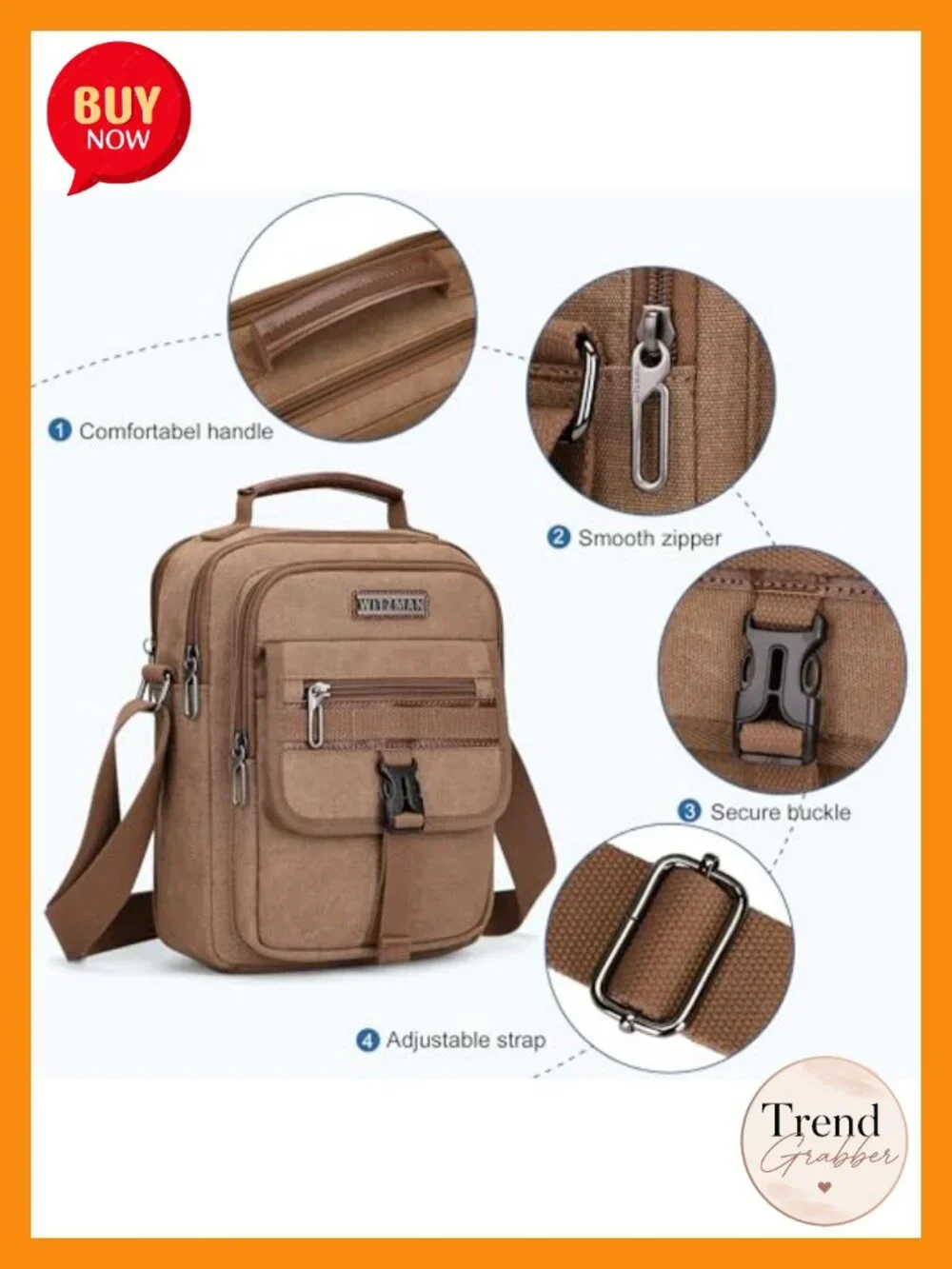 Canvas Messenger Bag Crossbody with Leather Handle Adjustable Strap